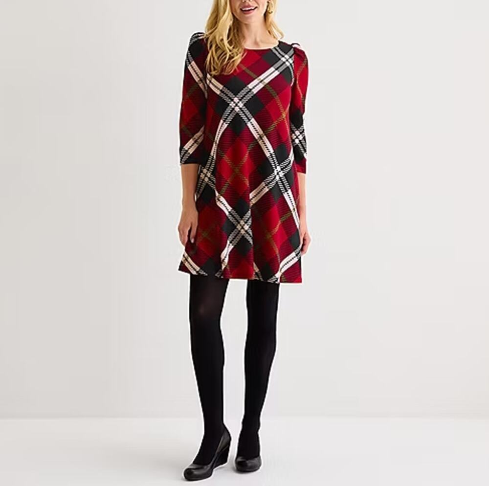 New JESSICA HOWARD Women's Red Multi 3/4-Sleeve Plaid Shift Dress Size Small